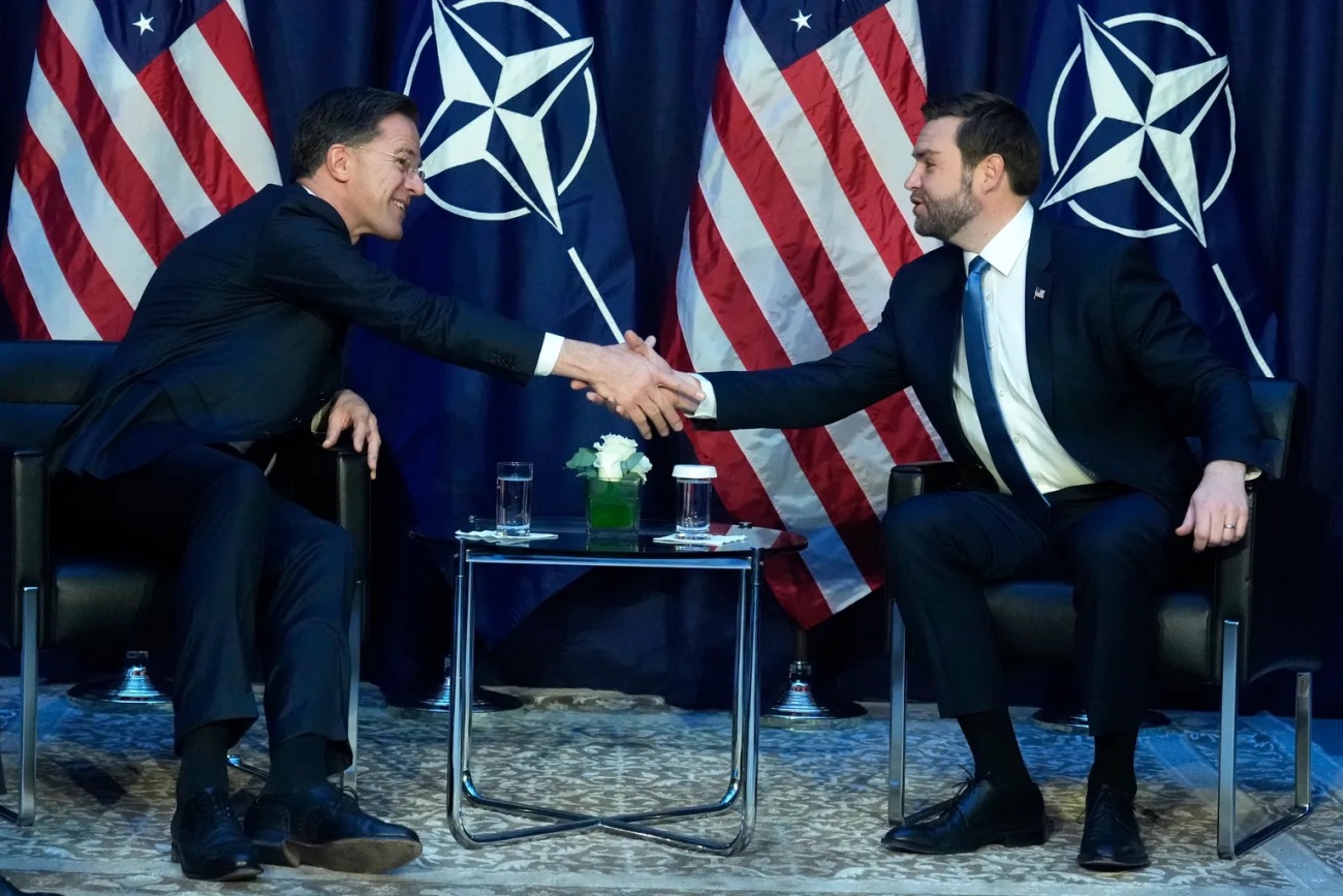 United States Vice-President JD Vance, right, shakes hands with NATO Secretary General Mark Rutte during a bilateral meeting on the sidelines of the Munich Security Conference in Munich, Germany, Friday, Feb. 14, 2025. | AP Photo/Matthias Schrader