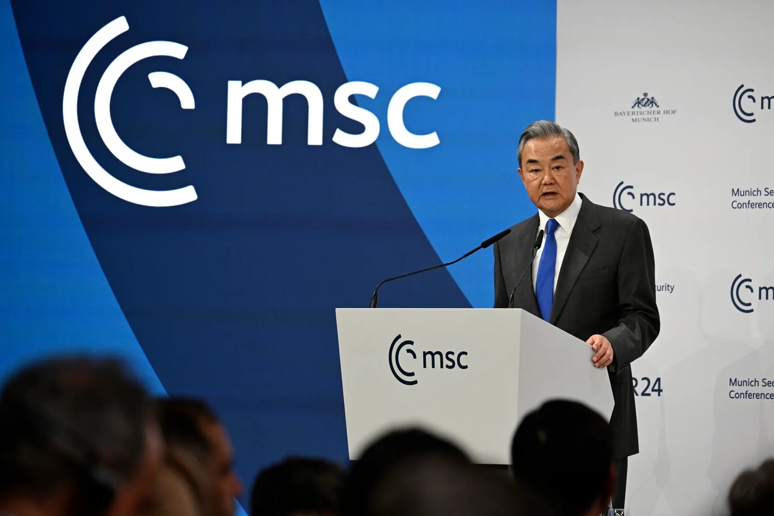 Foreign Minister of China Wang Yi speaks at the Munich Security Conference (MSC), at the Hotel Bayerischer Hof in Munich, Germany, Friday Feb. 14, 2025. | Boris Roessler/dpa via AP