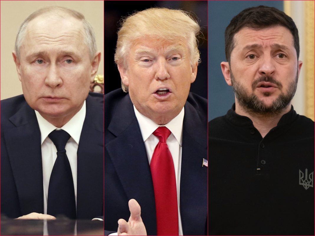 L-R: Russia's President Valdamir Putin, US's President Donald Trump, and Ukraine's President Volodymyr Zelenskyy, Russia