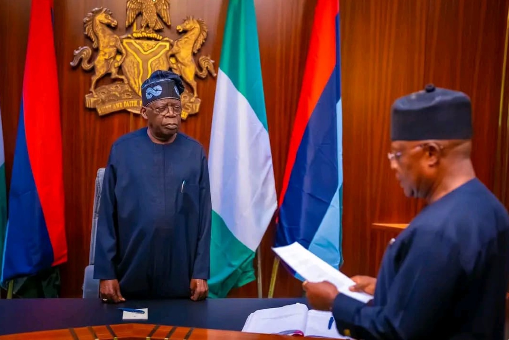 President Bola Tinubu swears in the Sole Administrator of Rivers State, Vice Admiral Ibok-Ete Ibas (Rtd.), at the State House, Abuja on Wednesday, March 19, 2025. Ibas is expected to take charge of the declared State of Emergency in River State. | State House Photo