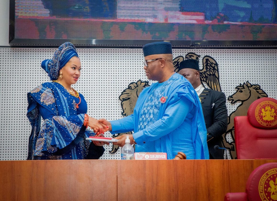 Natasha Akpoti Uduaghan of PDP sworn in as Senator representing Kogi Central on November 2, 2023 by the President of the Nigerian Senate, Senator Godswill Akpabio at the Nigerian Senate Chambers, Abuja.